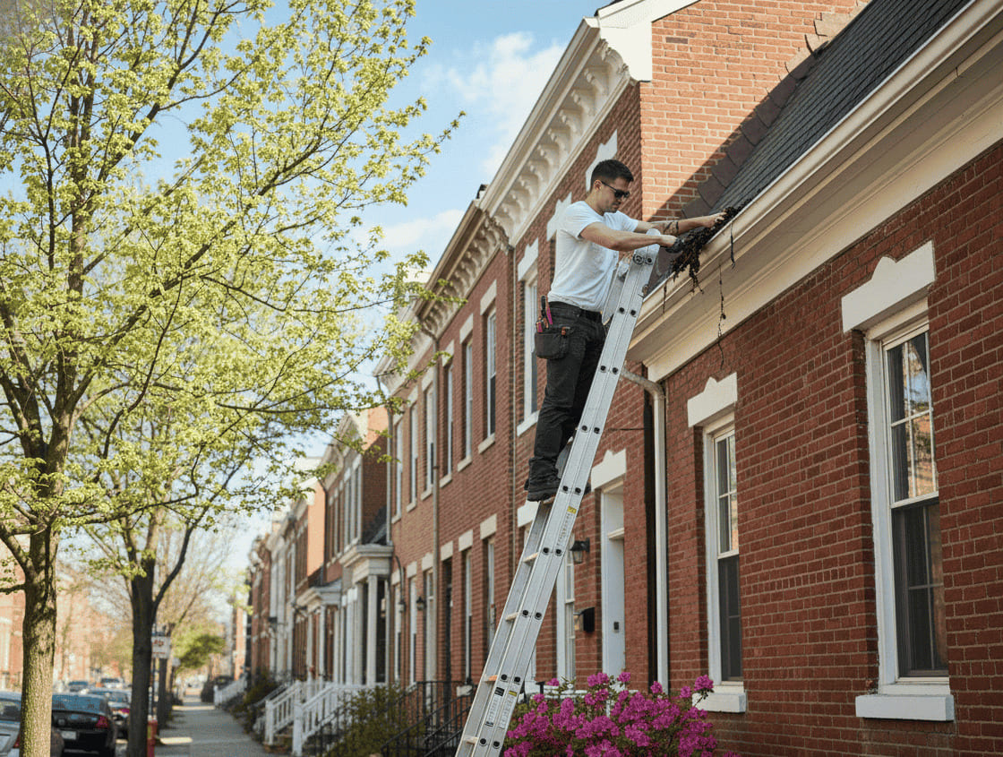 Homeowner cleaning gutters and inspecting roof for winter damage in Pennsylvania springtime