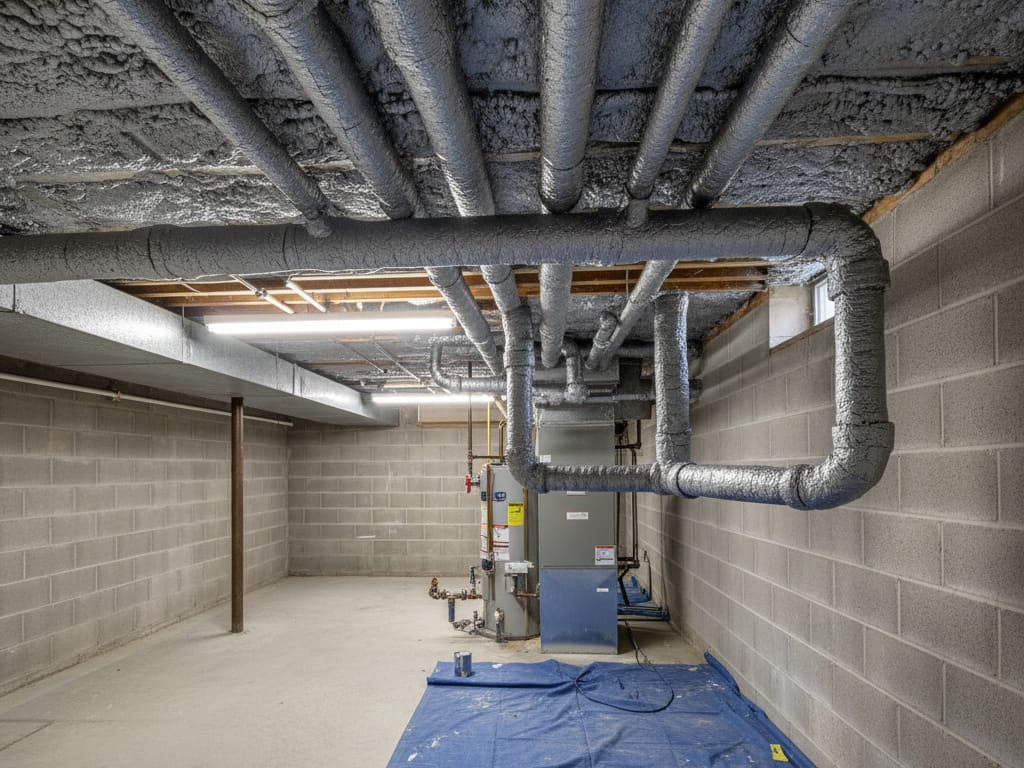 Insulated water pipes in basement protecting against freezing temperatures in New Jersey winter
