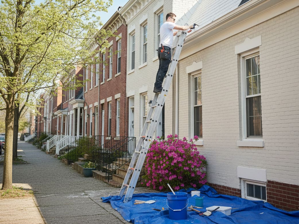 Professional painting exterior wood siding on Pennsylvania home during summer maintenance